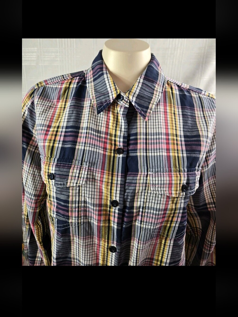 Patagonia Womens Size 10 Pastel Plaid Button-Up Shirt in Navy, Pink & Yellow